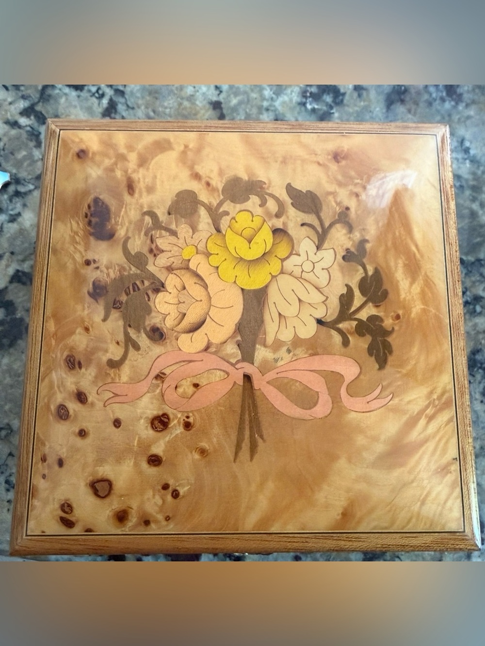 Italian made Wood Inlay Floral Jewelry Box with Pink Ribbon Motif